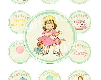 Vintage Girl Children Tea Teapot Cup Party Celebrate Birthday Cupcake Cake Topper Circle Label Tags Digital Collage Sheet Images Sh246