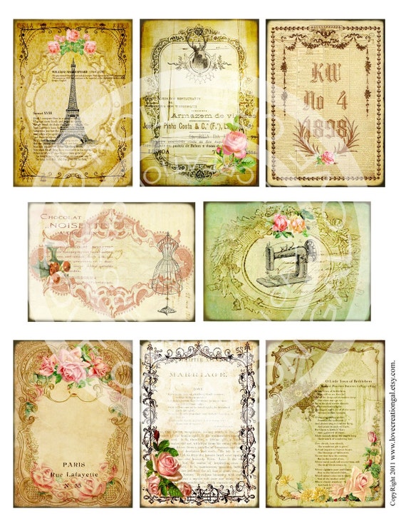 Art Mail illustration stories digital collage sheet Paris Printable Download set of 4 cards