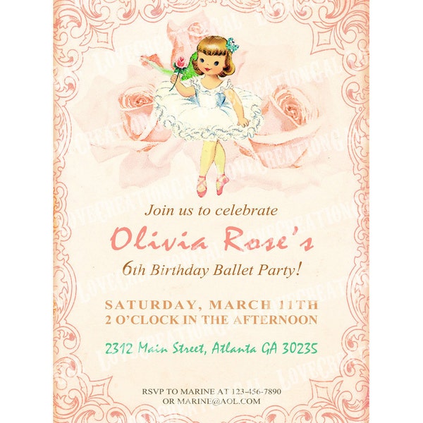 Digital PRINTABLE Vintage Celebrate Birthday Ballerina Dancer Rose Party Ballet Girl Daughter Princess Children Invitation Cards Sheet IN17