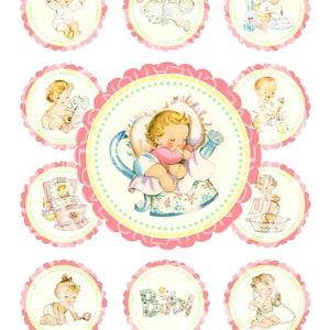 Vintage Baby Girl Shower Pregnacy Celebrate Tea Children Cupcake Cake Topper Circle Labels Stickers Tags Digital Collage Sheet Images Sh109 image 1