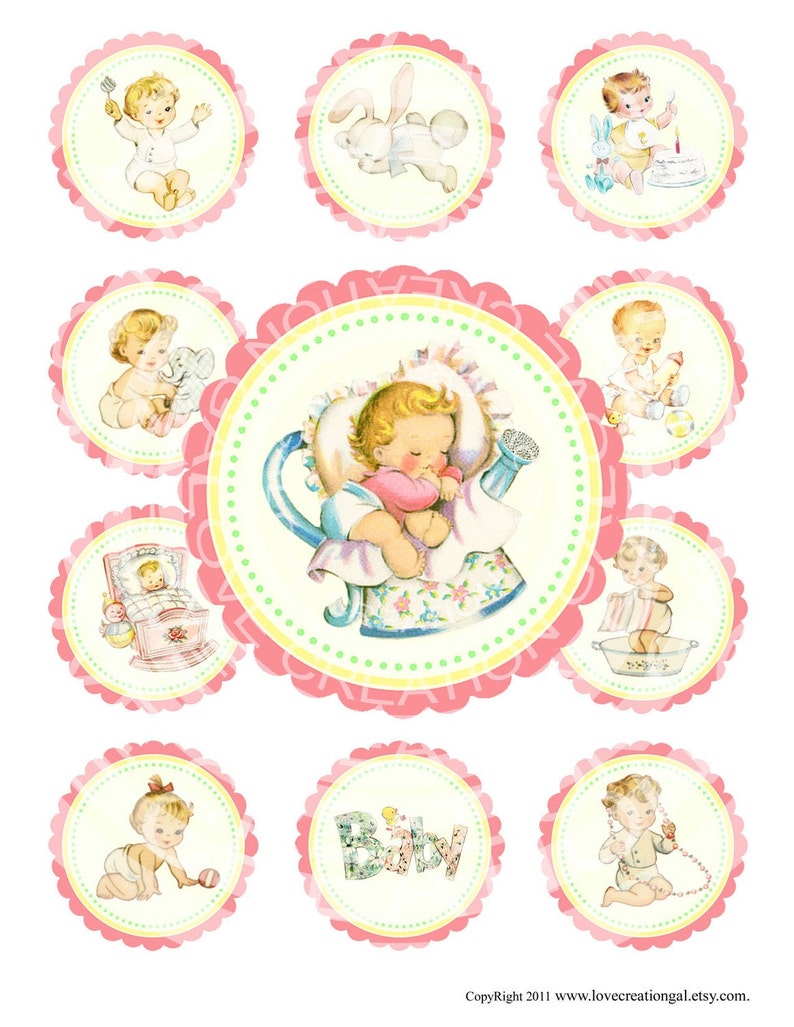 Vintage Baby Girl Shower Pregnacy Celebrate Tea Children Cupcake Cake Topper Circle Labels Stickers Tags Digital Collage Sheet Images Sh109 image 1