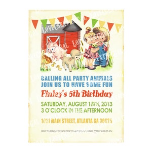 Animals Farm birthday invitation, Vintage Farm House, Pig, Sheep, Chick, Boy, Girl, Birthday Party, Children, Digital Printable Invite IN50 image 1