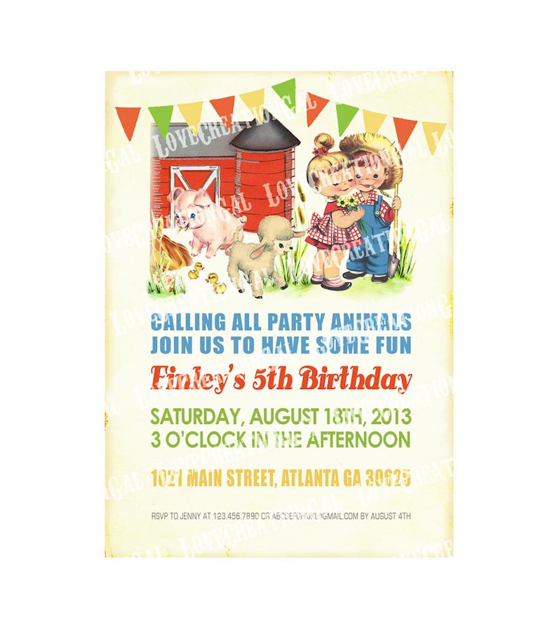 Animals Farm birthday invitation, Vintage Farm House, Pig, Sheep, Chick, Boy, Girl, Birthday Party, Children, Digital Printable Invite IN50 image 1