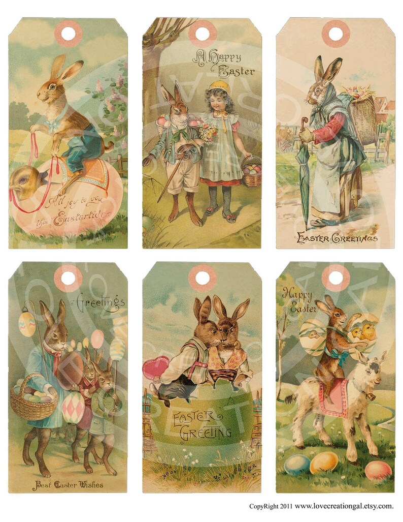 Vintage Shabby Easter Bunnies Chick Children Book ACEO card Labels Tea Party gift Hang Tags Digital Collage Sheet clip art Images Sh040 image 1