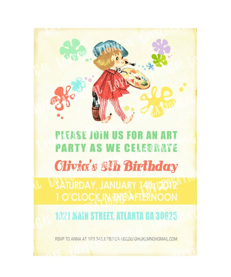 Digital PRINTABLE Vintage Celebrate Birthday Art Party Artist Girl Daughter Princess Children Baby Shower Invitation Label Cards Sheet IN13 image 1