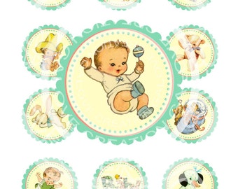 Vintage Baby Boy Shower Pregnacy Tea Download Print Birthday Party Circle Labels Stickers Gift Tags Digital Collage Sheet Images Sh070