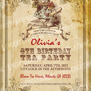 Alice in Wonderland Birthday Invitation, Mad Hatter Tea Party, Printable Alice Baby Shower, Wonderland Invite, Alice digital Invitation IN21 image 2