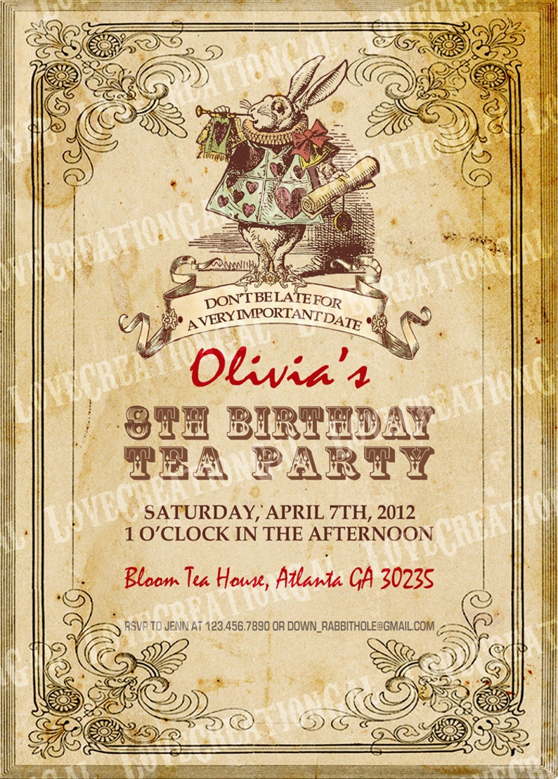 Alice in Wonderland Birthday Invitation, Mad Hatter Tea Party, Printable Alice Baby Shower, Wonderland Invite, Alice digital Invitation IN21 image 2