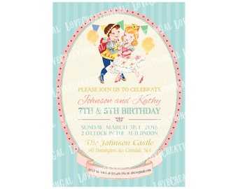 Vintage Princess and Prince Birthday Invitation - Digital Printable Princess Prince Invite - Kids Princess Knights Joint Birthday Party IN76