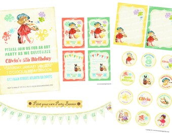 Vintage Art Party Invitation, Artist Birthday Party, Painter Birthday invitation, Banner, Thank you card, label, Baby Shower, Party Set PP14