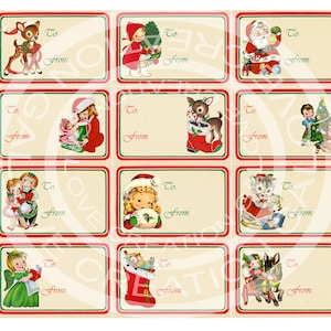 Vintage Christrmas Tea Party Girl Boy Deer Santa Tree Children invitation Card Gift Tag Label Digital Collage Sheet Images Sh217 image 1