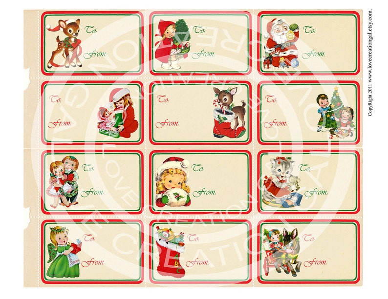 Vintage Christrmas Tea Party Girl Boy Deer Santa Tree Children invitation Card Gift Tag Label Digital Collage Sheet Images Sh217 image 1