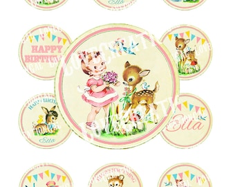 Digital PRINTABLE Vintage Woodland Animals Deer Fawn Teddy Bear Flower Birthday Tea Party Cupcake Cake Topper Circle Label Image Sh324