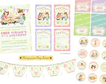 Digital PRINTABLE Vintage Cooking Chef Baking Bake Cake Joint Party Birthday Baby Shower Girl Package Set Banner Invitation Label Card PP27