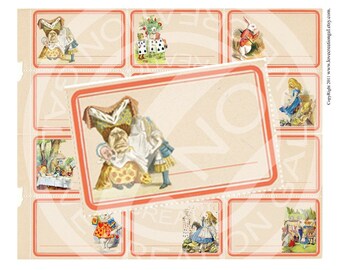 Vintage Shabby Alice in Wonderland Birthday Tea Party Easter Bunny Children Story book Label Sticker Digital Collage Sheet Images Sh069