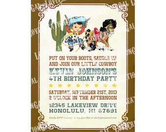 Vintage Cowboy Invitation - Customizable - Print your own, Printable Birthday Invitation, Vintage Birthday Party Invite, Western Party  IN64