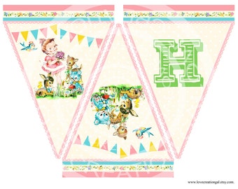 Digital PRINTABLE Vintage Woodland Animals Deer Fawn Teddy Bear Flower Birthday Tea Party Children Handmade Banner Flag Digital Images Sh316