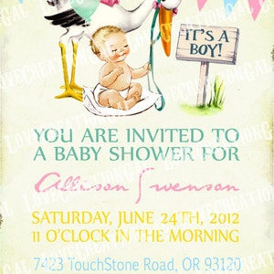 Digital PRINTABLE Vintage Its a Boy Stork Baby Shower Nursery Celebrate Welcome Tea Party Son Prince Children Invitation Card IN31 image 2