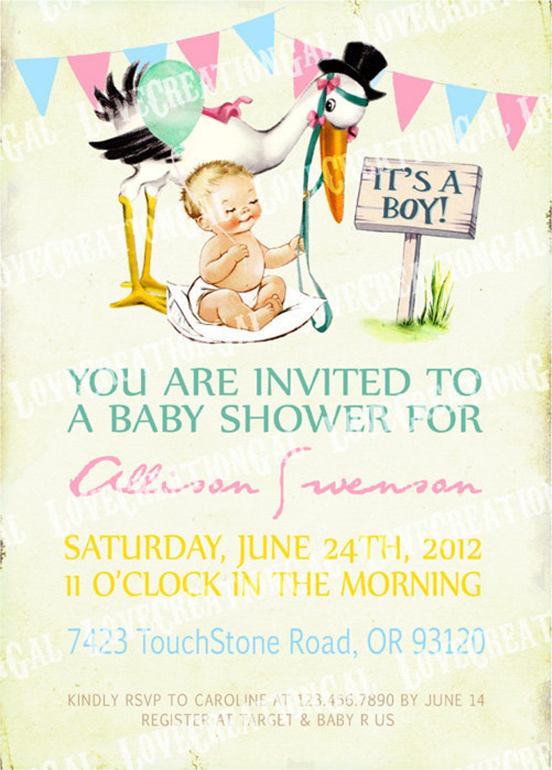 Digital PRINTABLE Vintage Its a Boy Stork Baby Shower Nursery Celebrate Welcome Tea Party Son Prince Children Invitation Card IN31 image 2