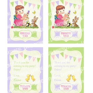 Vintage Spring Garden Girl Bunny Bird Flowers Birthday Tea Party Daughter Children Thank you Card Note Gift Tags Images Sheet Sh295 image 3