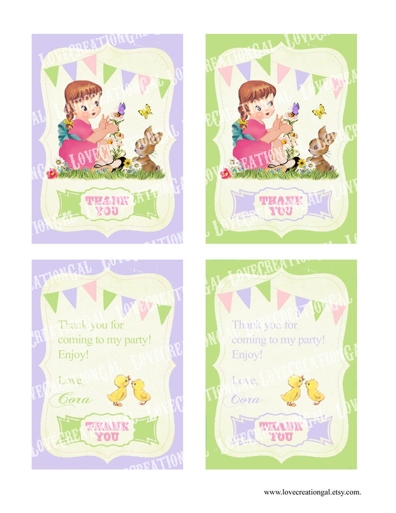 Vintage Spring Garden Girl Bunny Bird Flowers Birthday Tea Party Daughter Children Thank you Card Note Gift Tags Images Sheet Sh295 image 3