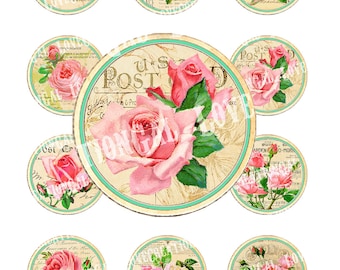 Vintage Rose Flowers Tea Party French Antique Cupcake Topper Circle Bottle Cap card Labels Stickers Digital Collage Sheet Images Sh236