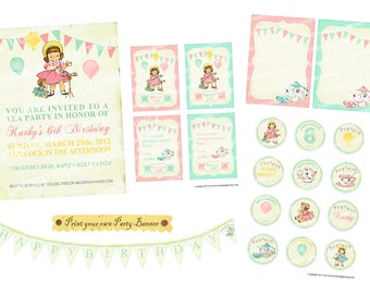 Printable Vintage Tea Party Package Set Girl Daughter Princess Children Teapot Cup Celebrate Banner Nursery Invitation Label Card Tag  PP04