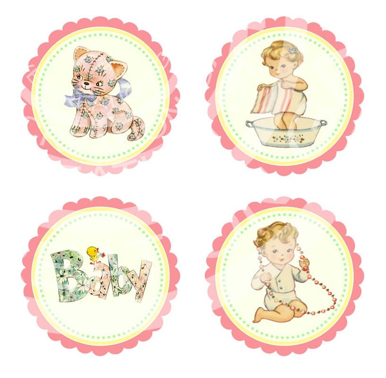 Vintage Baby Girl Shower Pregnacy Celebrate Tea Children Cupcake Cake Topper Circle Labels Stickers Tags Digital Collage Sheet Images Sh109 image 2