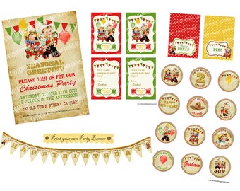 Digital PRINTABLE Party Package Vintage Cowboy Cowgirl Western Christmas Birthday Invitation Banner Cupcake Topper Gift Favor Card PP13