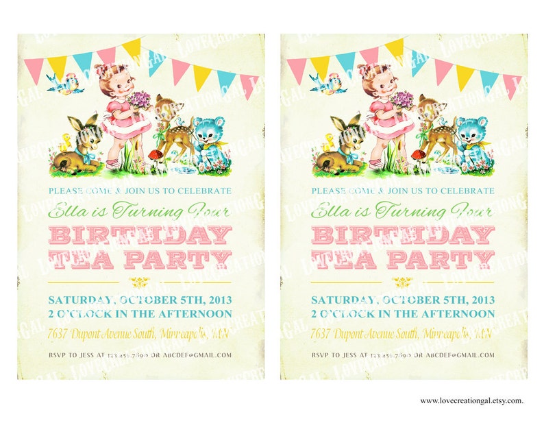 Digital PRINTABLE Vintage Woodland Animals Deer Fawn Teddy Bear Flower Celebrate Birthday Tea Party Girl Children Invitation Card Sheet IN65 image 2