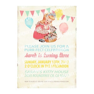 Vintage Kitty and Girl Birthday Invitation / Cats Baby Shower Invitation / Girl Birthday Tea Party Invite, Digital PRINTABLE Invitation IN47