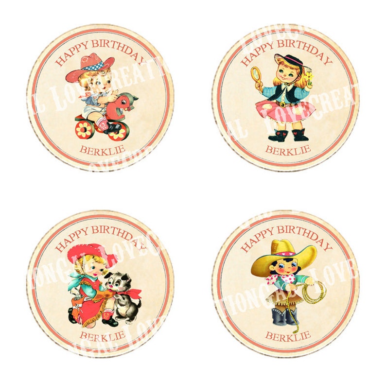Vintage CowBoy CowGirl West Wild Celebrate Tea Story Book Cupcake Cake Topper Circle Label Stickers Tags Digital Collage Sheet Images Sh240 image 3