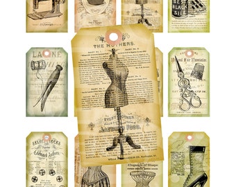 Vintage Shabby Chic Dress form Sewing machine Buttons thread Clothes pin Gift Price Tags Paris ACEO Cards Digital Collage Sheet Images Sh137