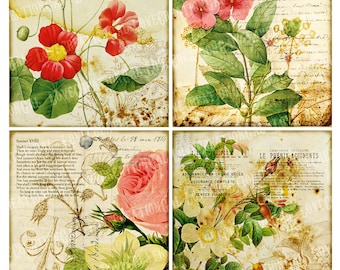 4x5 Vintage Birds Flower Rose Butterfly Botanical ledge French ATC Background Gift Tags Labels Note Cards Digital Collage Sheet Images Sh156