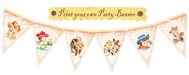 Vintage Cowgirl Cowboy Birthday Baby shower Tea Party Celebrate Story book Banner Flag Burlap Postcard Digital Collage Sheet Images Sh241 image 1