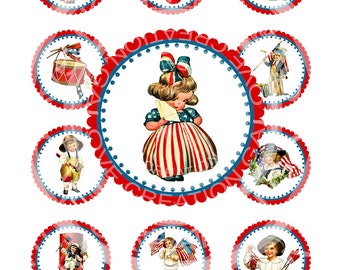 Vintage Fourth of JULY 4TH American Patriotic Party Boy Girl Cupcake Topper Circle card Label Sticker Digital Sheet Images Sh116