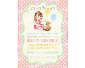 Girl and Teddy Bear Birthday Invitation / Baby Shower Invitation / Vintage Toys Birthday Party / Children Invite / Digital Printable  IN63