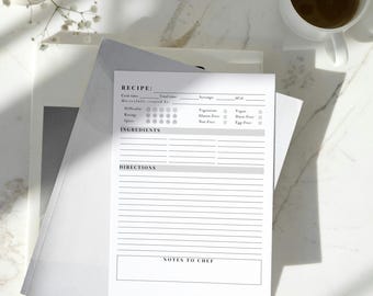 Rezeptseiten zum Ausdrucken: Minimalistische 8,5x11 PDF Vorlagen (Instant Download)