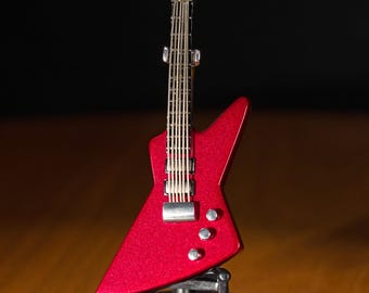 Guitar pin (wearable) w/display stand, Gibson Explorer inspired, Three dimensional, Incredible detail, Handmade, Candy Red Metallic Edition