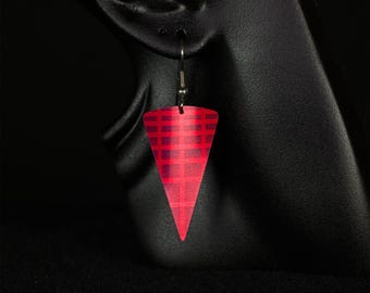 Earrings, Triangle Shape, Vibrant Red with Graduated Box Pattern, Light weight, Anodized aluminum