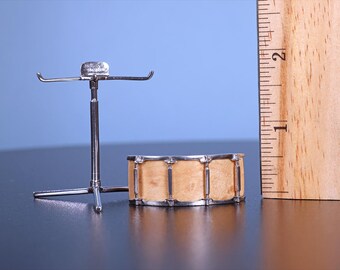 Snare Drum Pin with Display Stand, Three dimensional, Handmade, Realistic detail, Birdseye Maple Veneer Shell