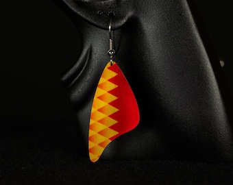Earrings, Butterfly Wing Shape, Vibrant Red, Orange and Yellow Pattern, Light weight, Anodized aluminum