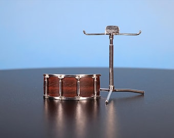 Snare Drum Pin with Display Stand, Three dimensional, Handmade, Realistic detail, Rosewood Veneer Shell