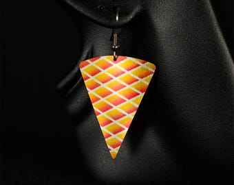 Earrings, Triangle Shape, Vibrant Red, Yellow and Silver Cross Hatch Pattern, Light weight, Anodized aluminum
