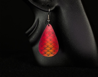 Earrings, Mermaid Patterned, Teardrop Shape, Vibrant Orange Red and Black, Light weight, Anodized aluminum
