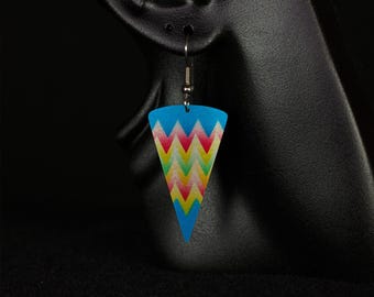 Earrings, Triangle Shape, Vibrant Blue, Red, Yellow, Green Zig Zag Pattern, Light weight, Anodized aluminum