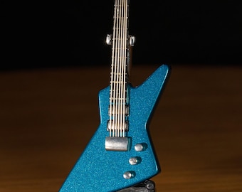 Guitar pin (wearable) with display stand, Gibson Explorer inspired, Three dimensional, Incredible detail, Handmade, Teal Metallic Edition