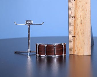 Snare Drum Pin with Display Stand, Three dimensional, Handmade, Realistic detail, Rosewood Veneer Shell