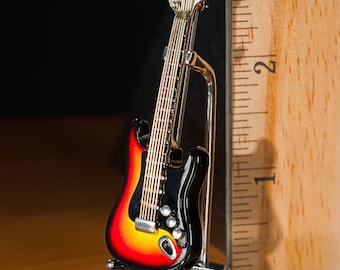 Guitar pin (wearable) w/display stand, Fender Stratocaster inspired, Three dimensional, Incredible detail, Handmade, Tri-Color Sunburst