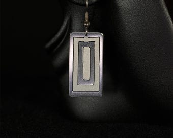 Earrings, Rounded rectangle with spiral cut design, Polished and etched finish, Light weight, Aluminum